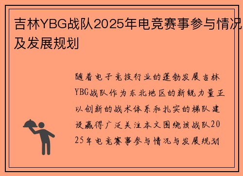 吉林YBG战队2025年电竞赛事参与情况及发展规划